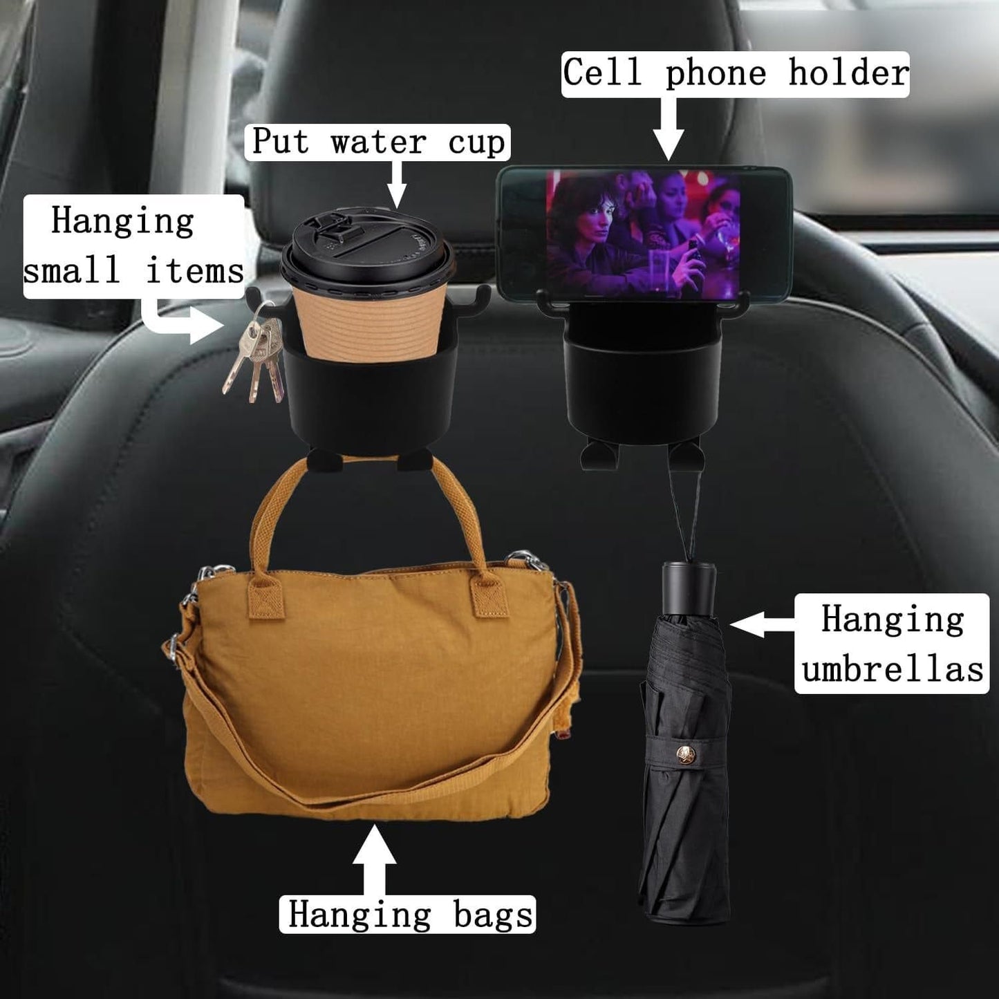 Backseat Storage Cup & Mobile Holder with Hooks (Pack of 1)